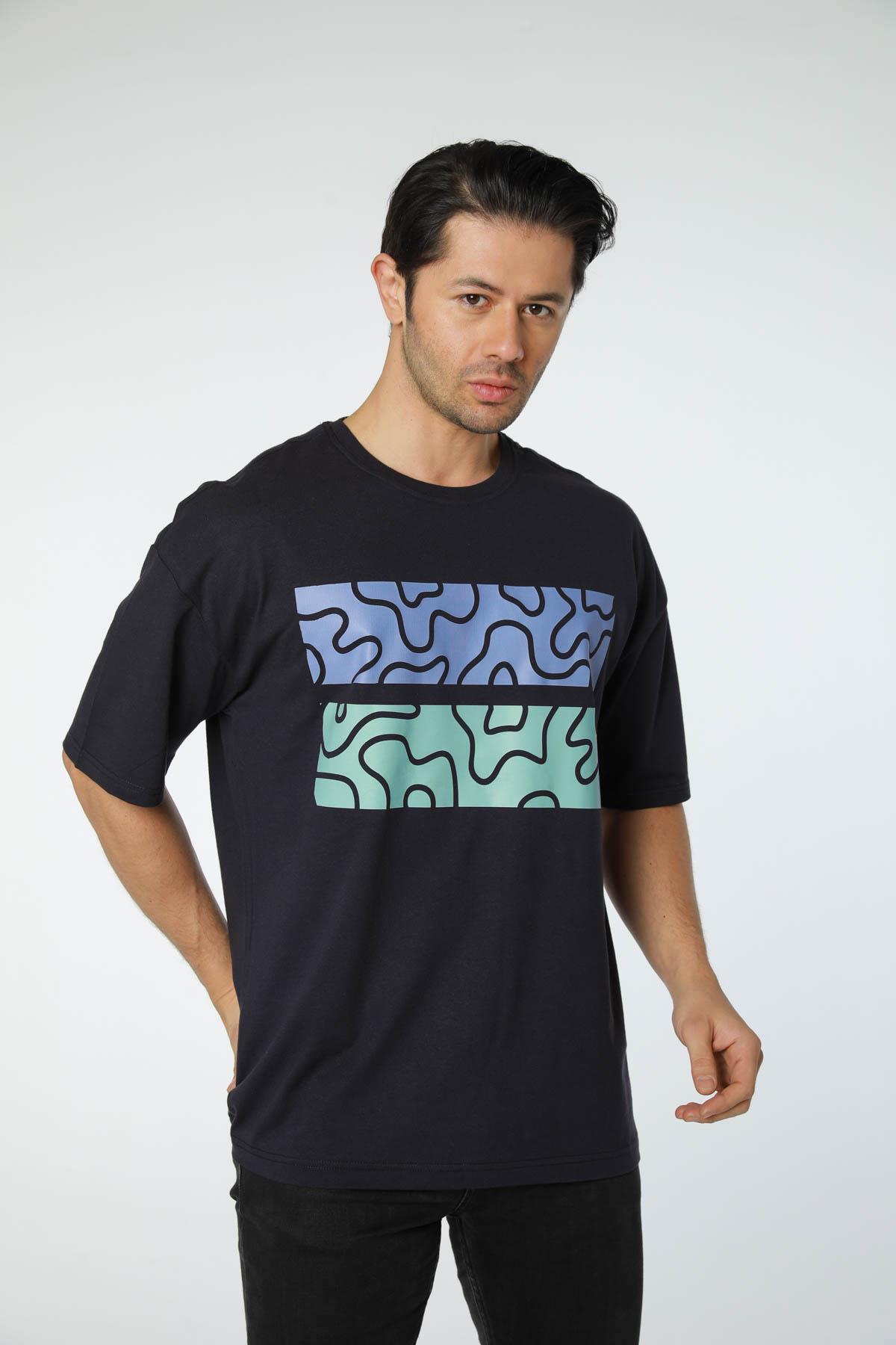 Baskılı Oversize Bisiklet Yaka T-Shirt