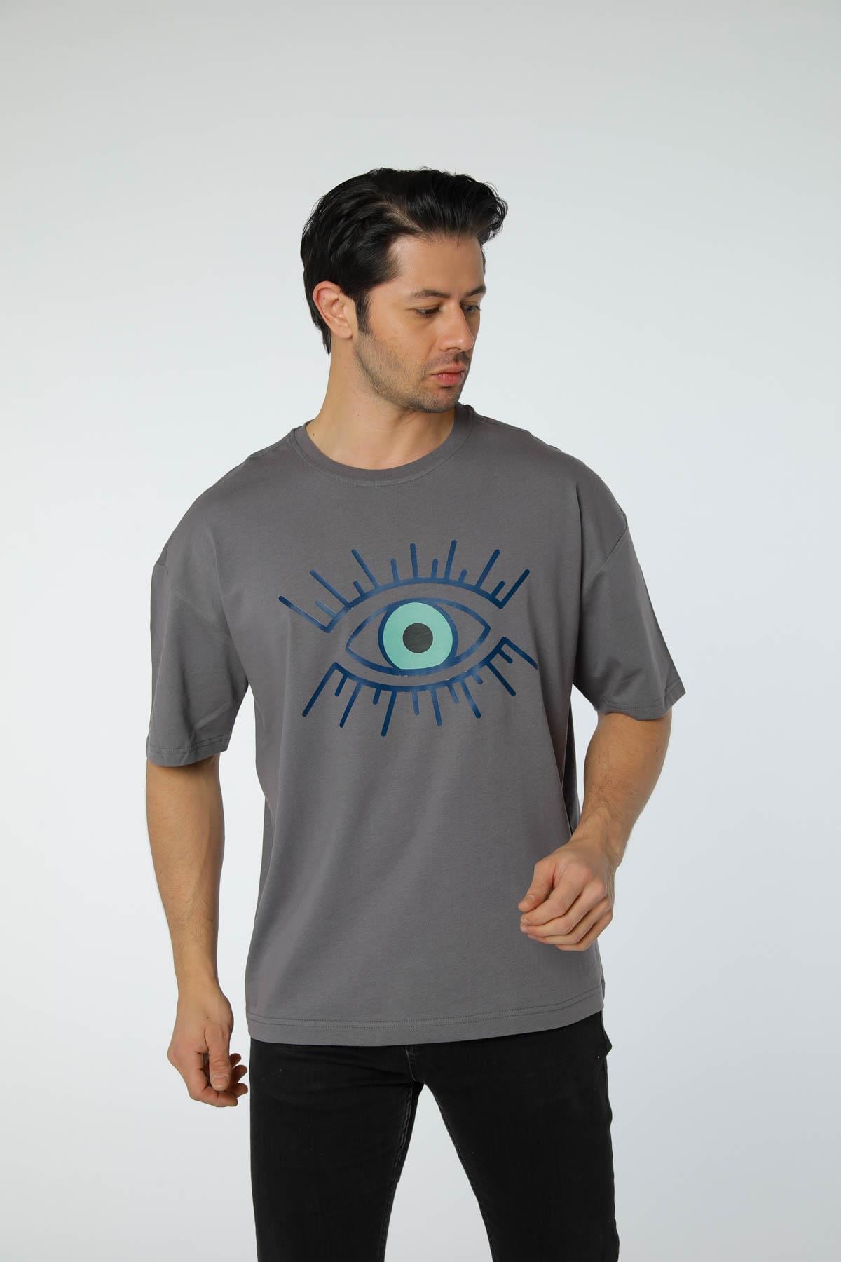 Baskılı Oversize Bisiklet Yaka T-Shirt