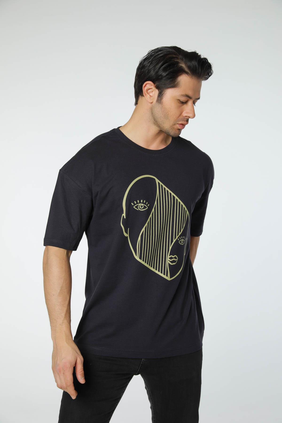 Baskılı Oversize Bisiklet Yaka T-Shirt