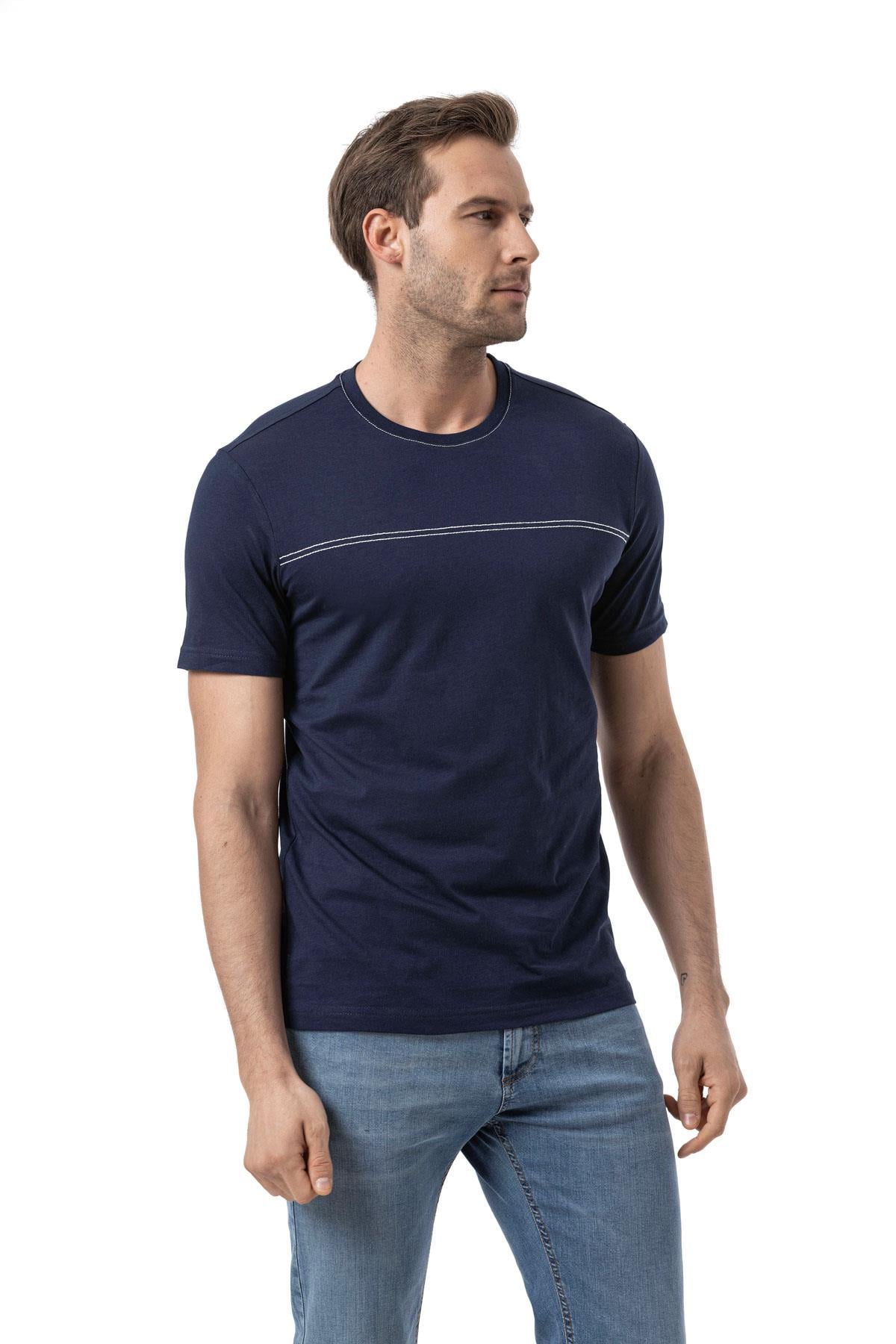 %100 Pamuk Nakışlı Bisiklet Yaka T-Shirt