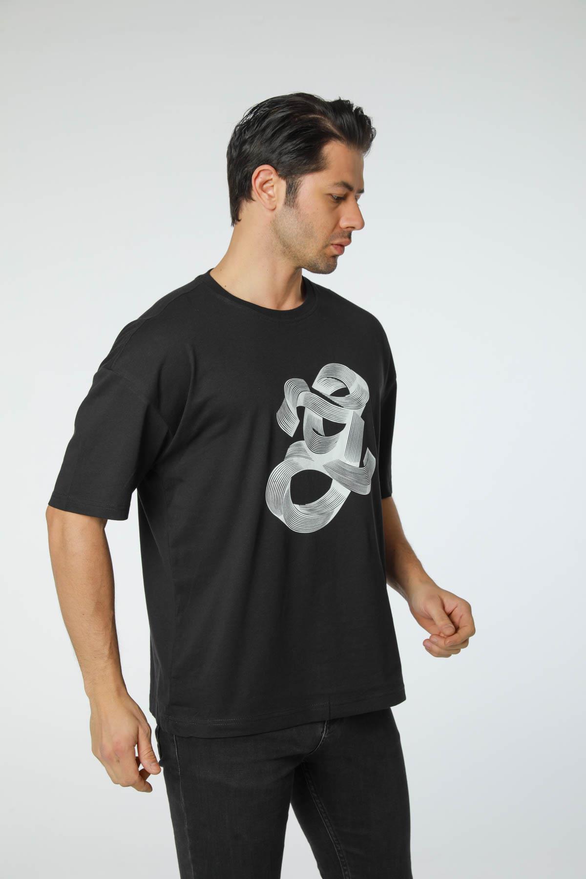 Baskılı Oversize Bisiklet Yaka T-Shirt