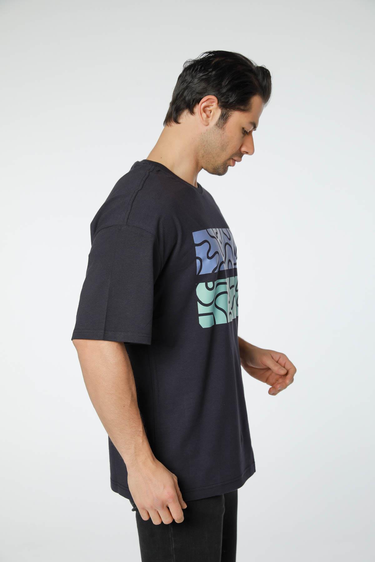 Baskılı Oversize Bisiklet Yaka T-Shirt