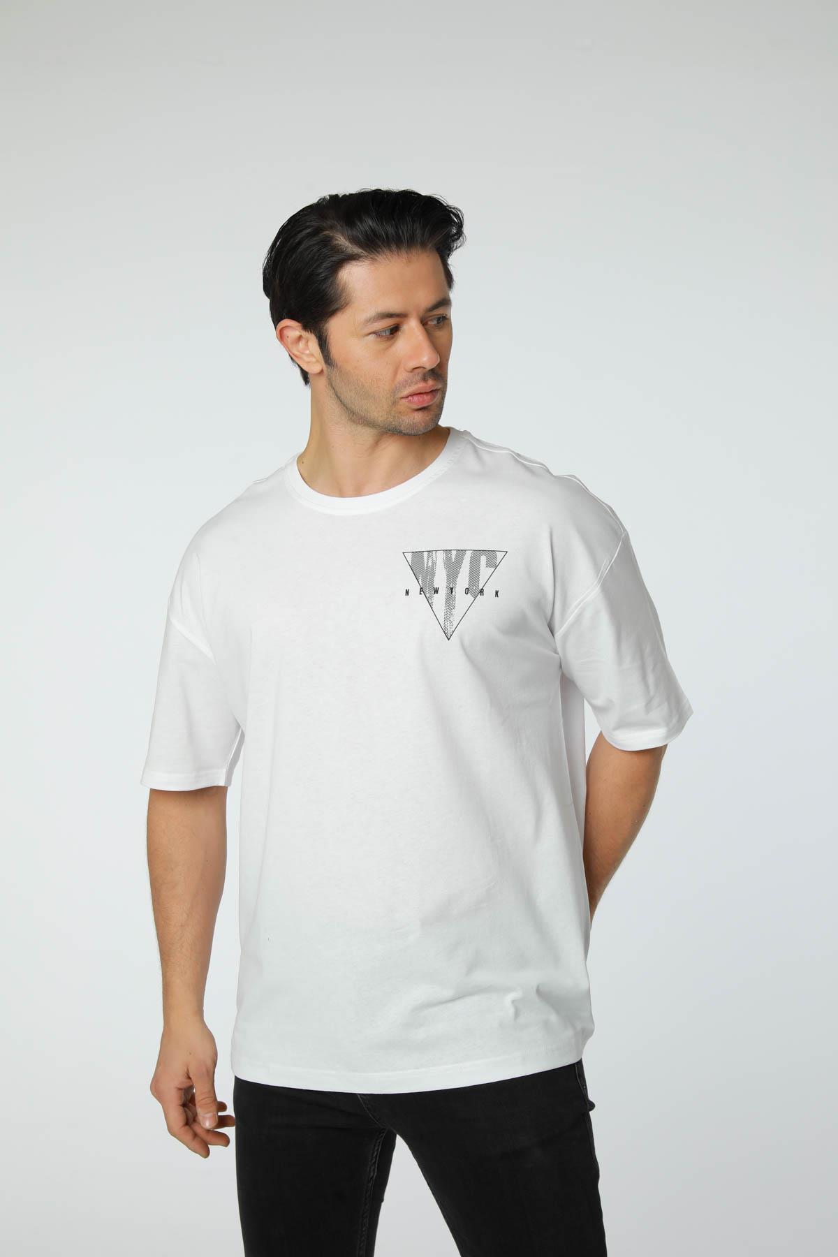 Baskılı Oversize Bisiklet Yaka T-Shirt