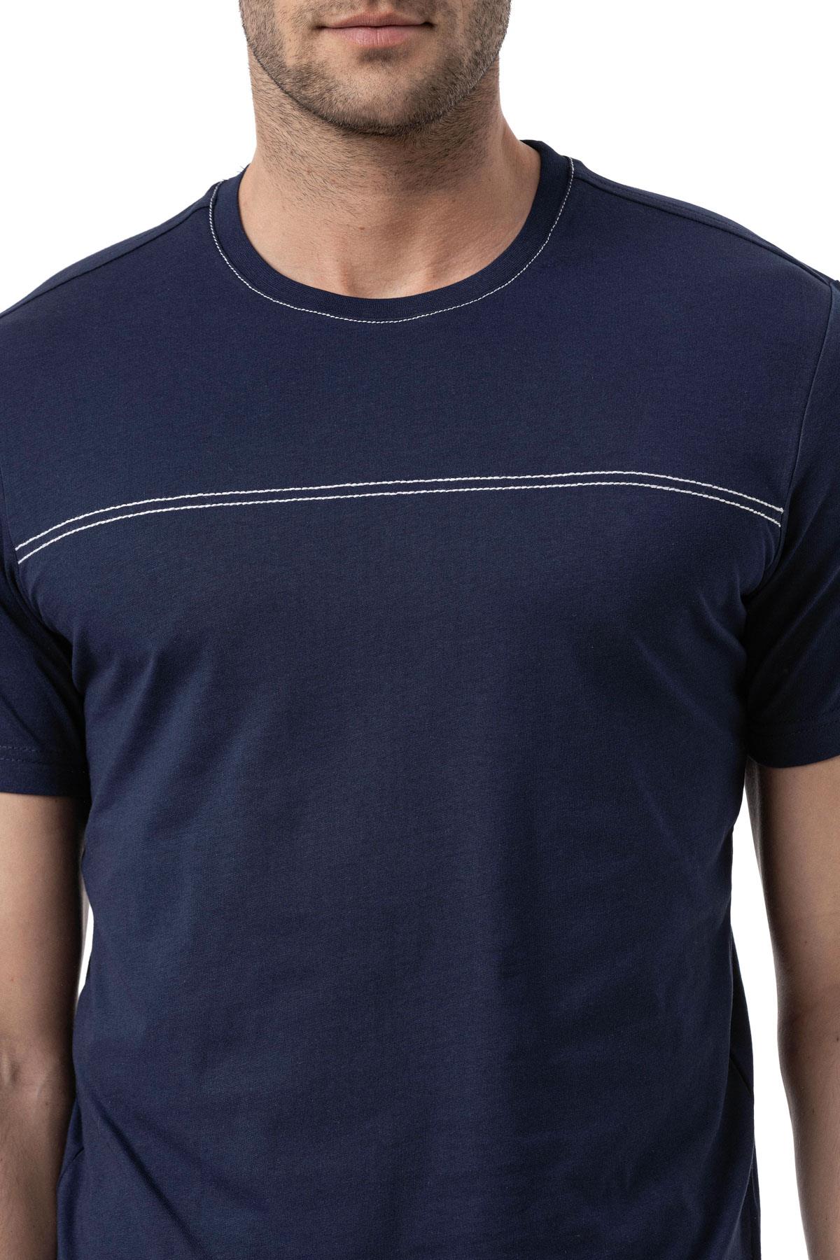 %100 Pamuk Nakışlı Bisiklet Yaka T-Shirt