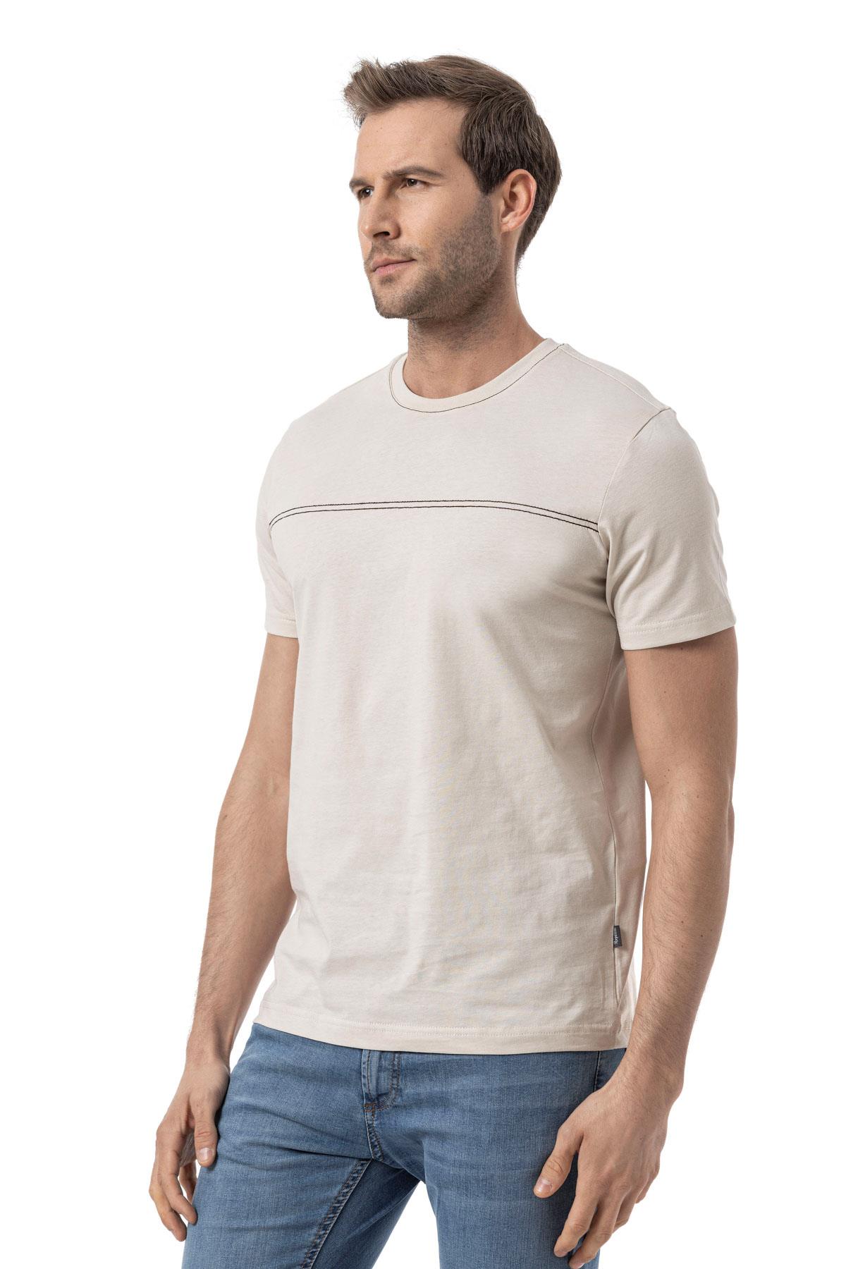 %100 Pamuk Nakışlı Bisiklet Yaka T-Shirt