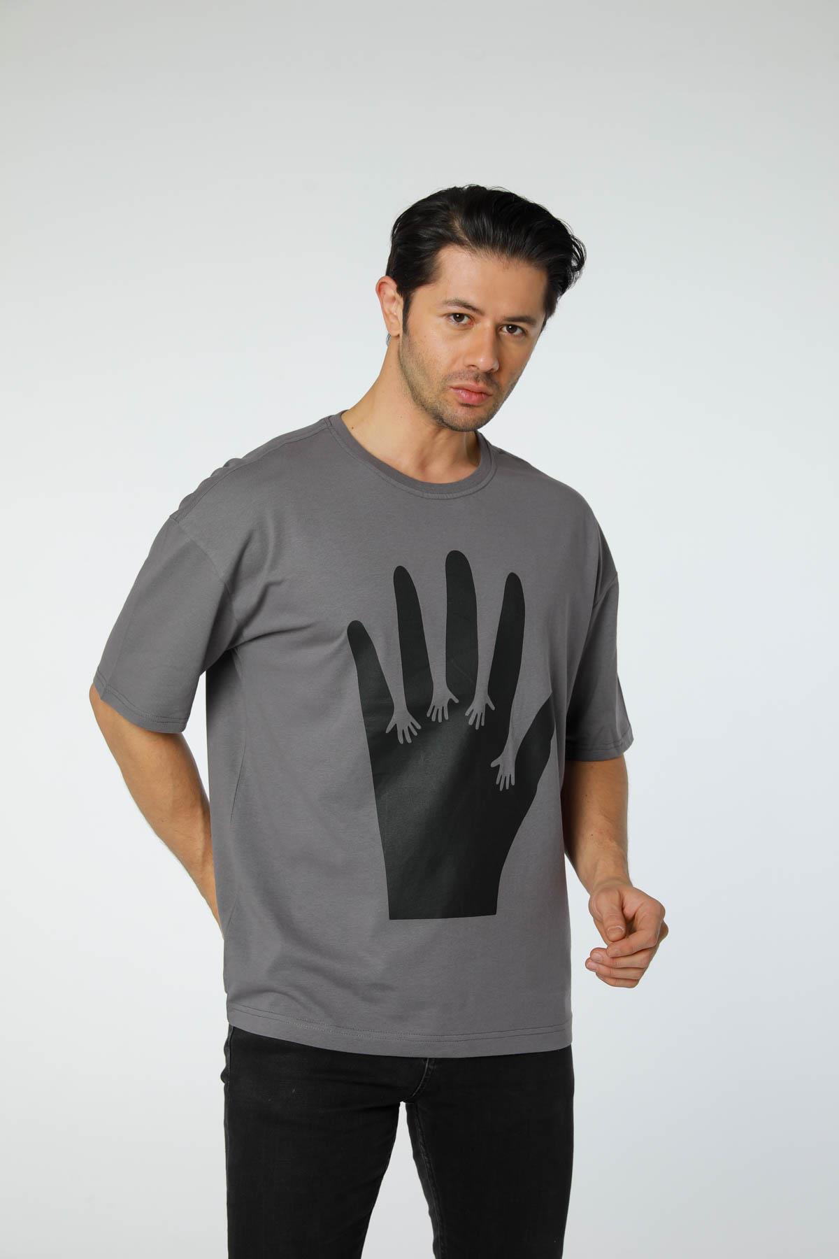 Baskılı Oversize Bisiklet Yaka - T-Shirt