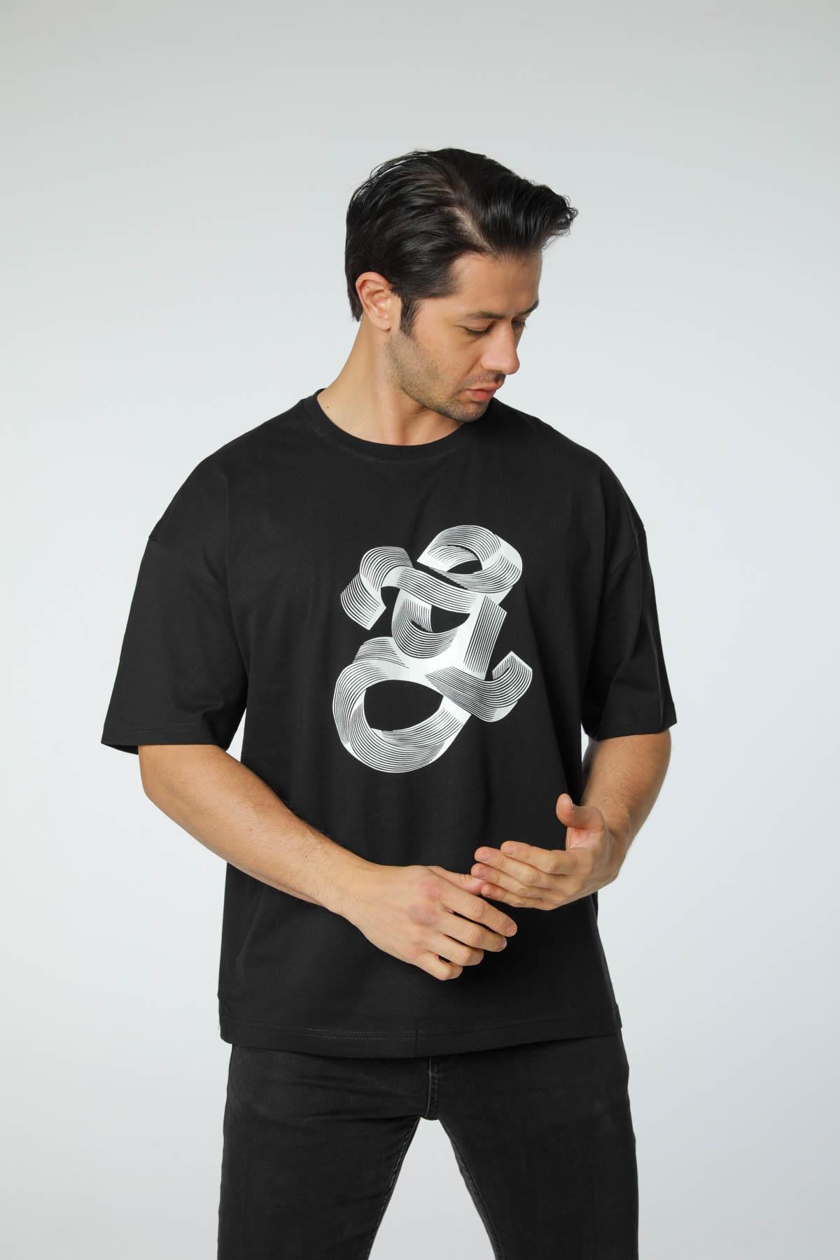 Baskılı Oversize Bisiklet Yaka T-Shirt