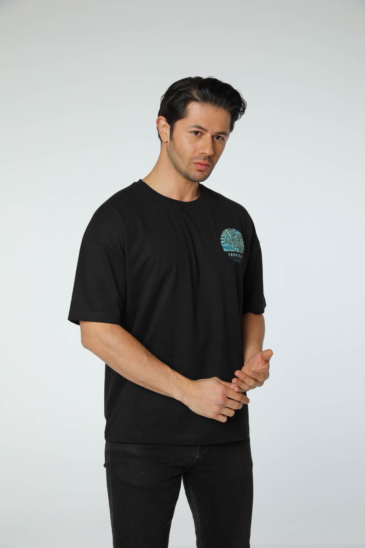 Baskılı Oversize Bisiklet Yaka T-Shirt