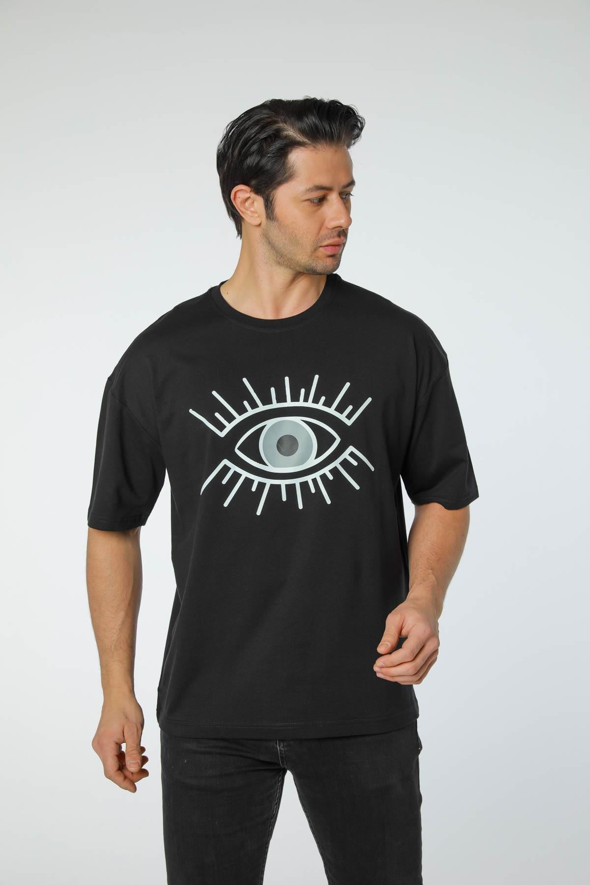 Baskılı Oversize Bisiklet Yaka T-Shirt