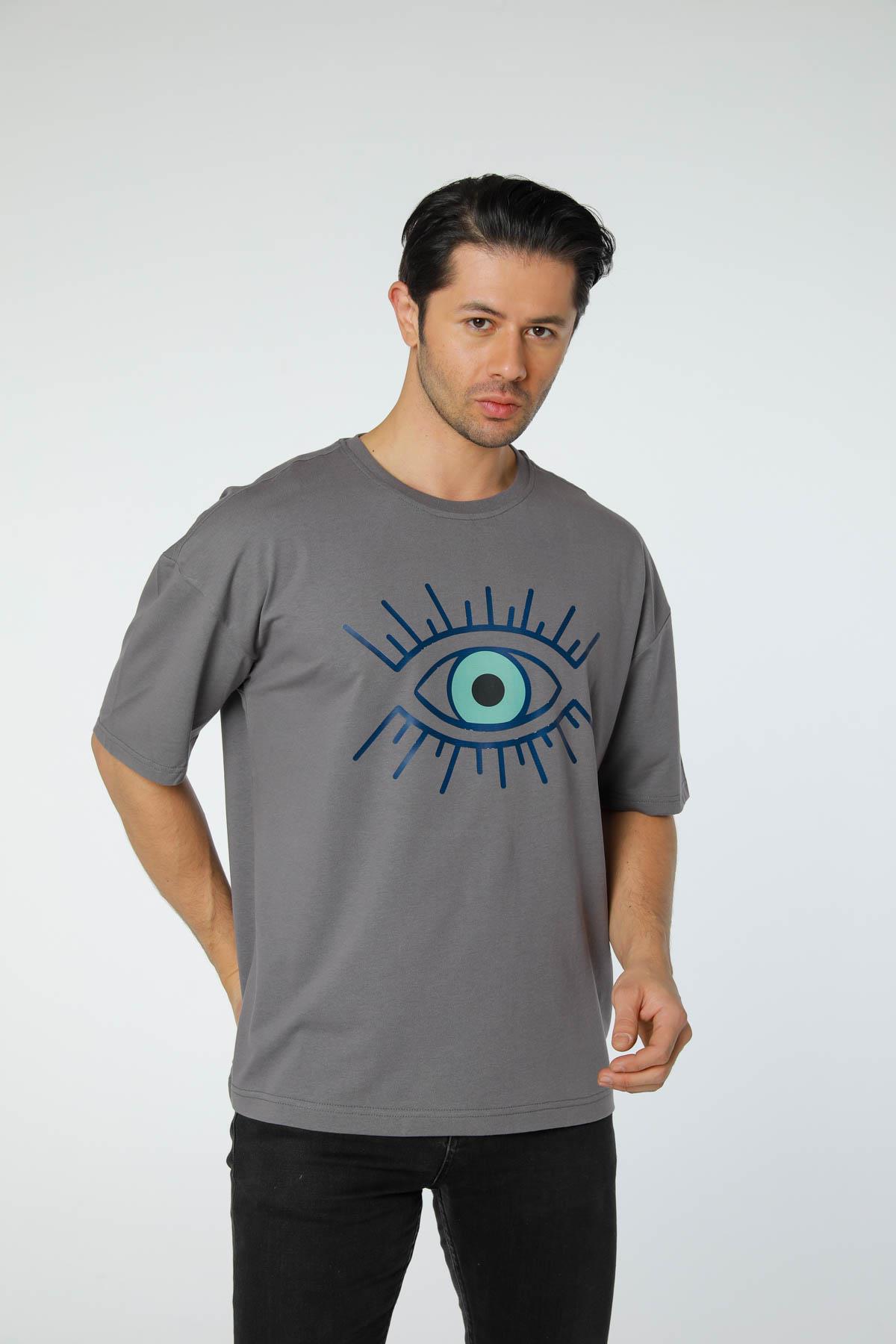 Baskılı Oversize Bisiklet Yaka T-Shirt