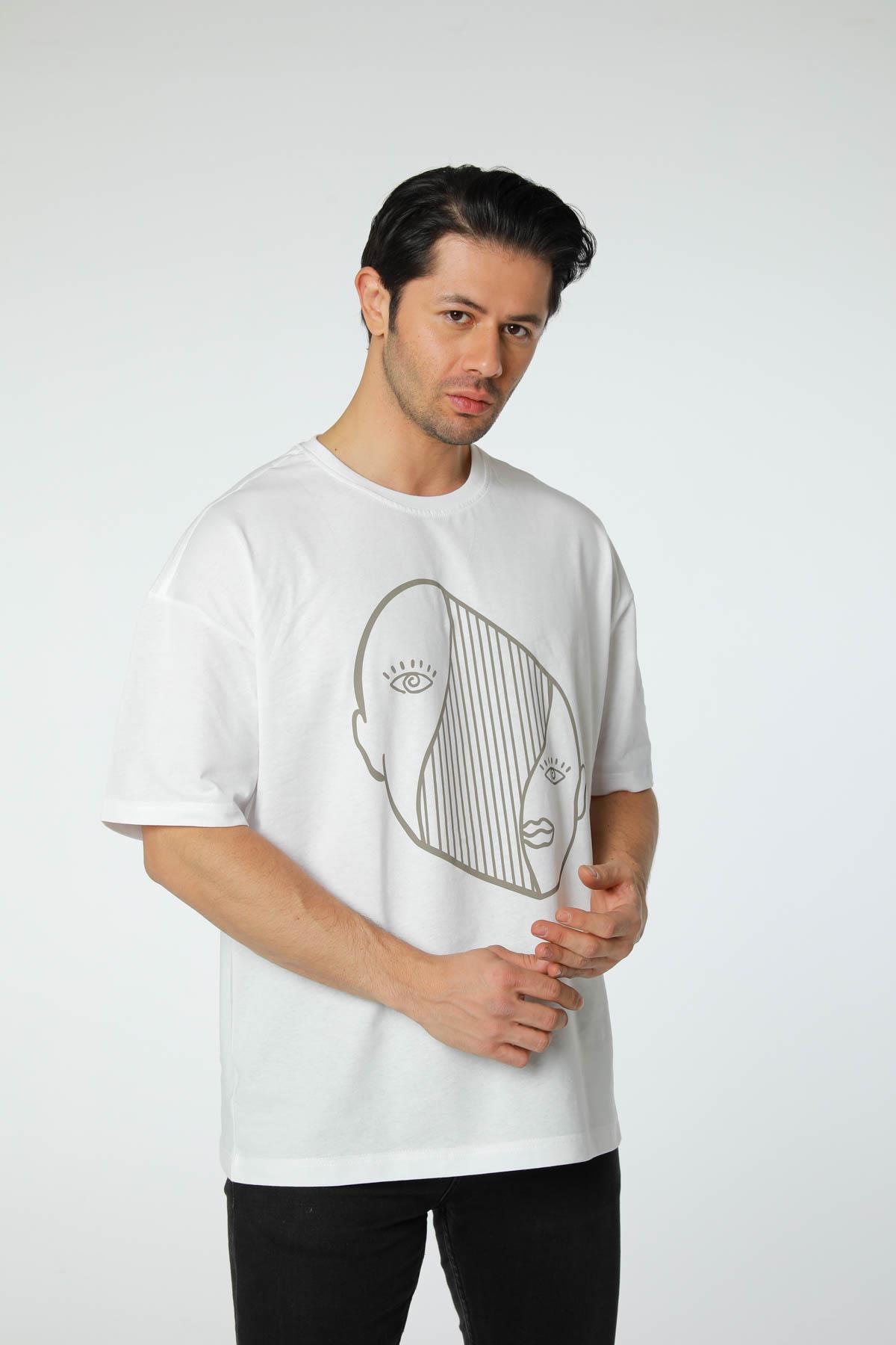 Baskılı Oversize Bisiklet Yaka T-Shirt