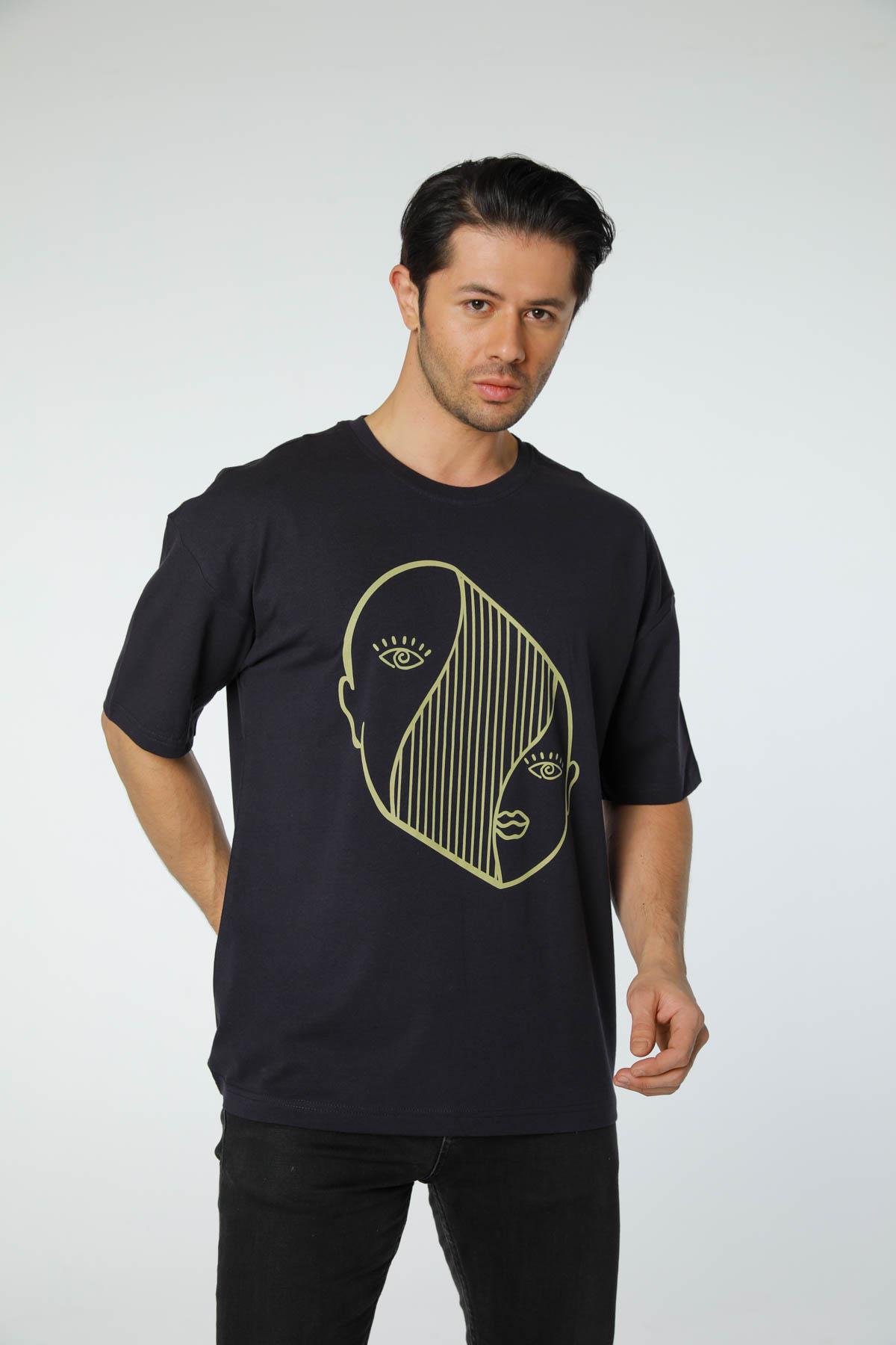 Baskılı Oversize Bisiklet Yaka T-Shirt