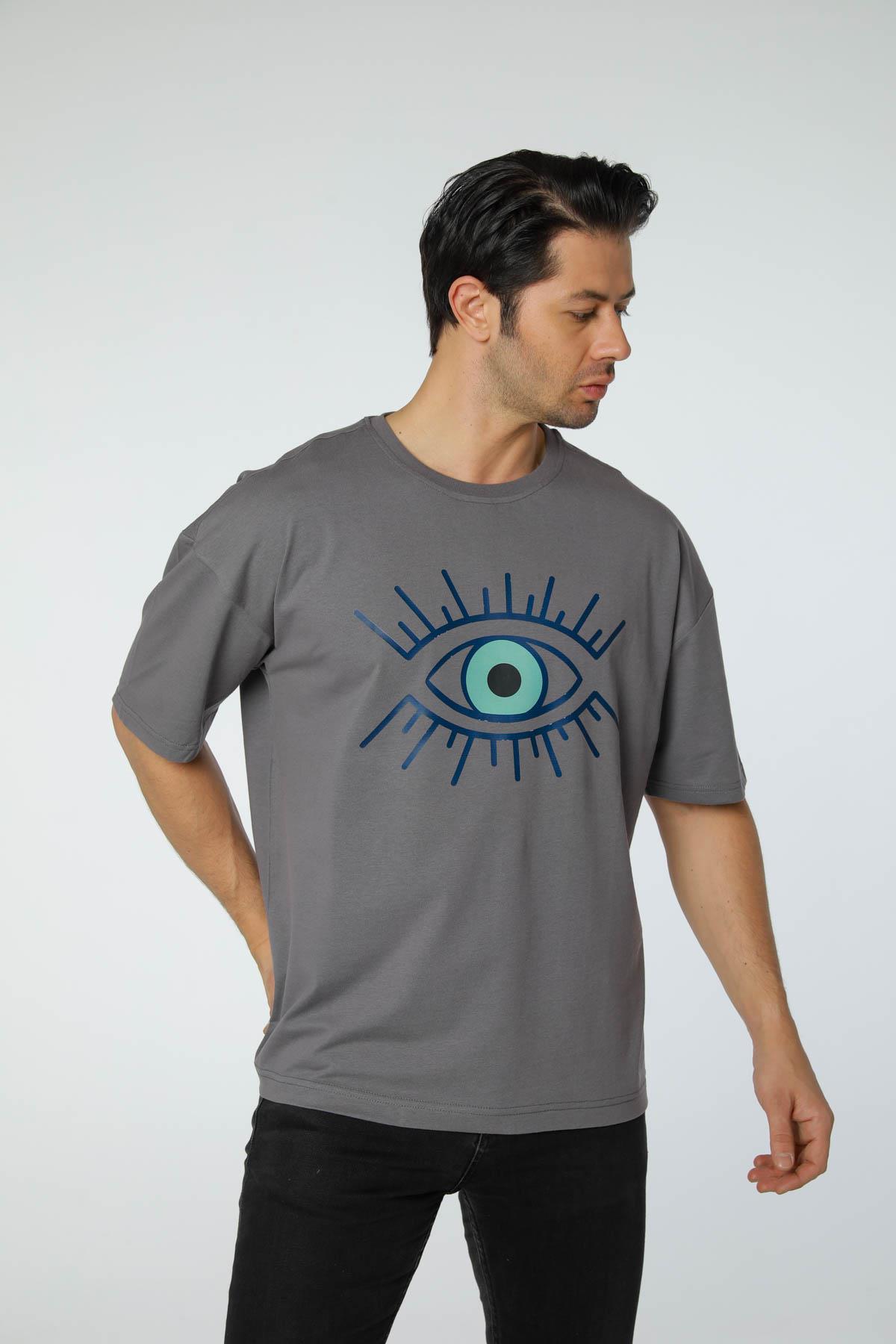 Baskılı Oversize Bisiklet Yaka T-Shirt