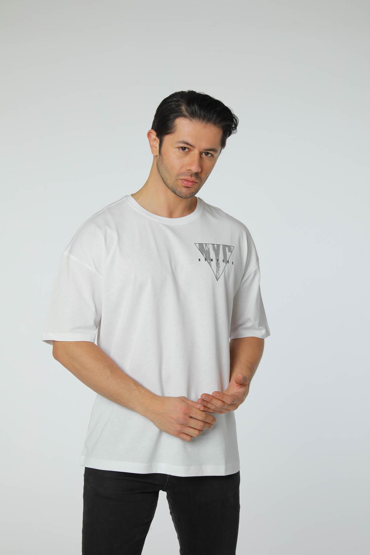 Baskılı Oversize Bisiklet Yaka T-Shirt