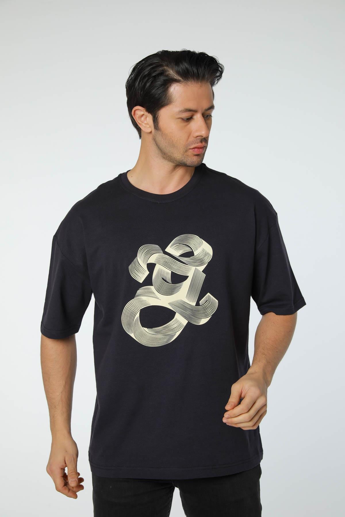 Baskılı Oversize Bisiklet Yaka T-Shirt