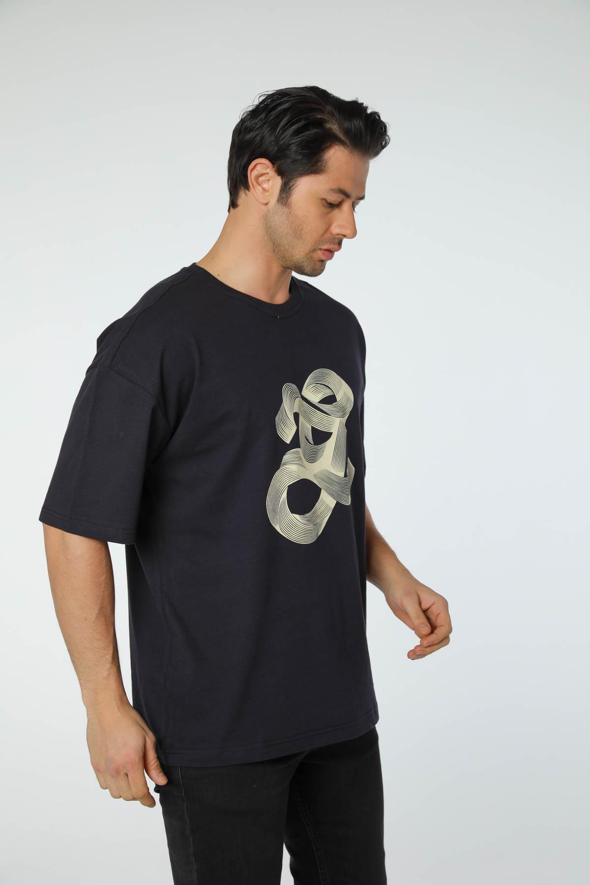 Baskılı Oversize Bisiklet Yaka T-Shirt