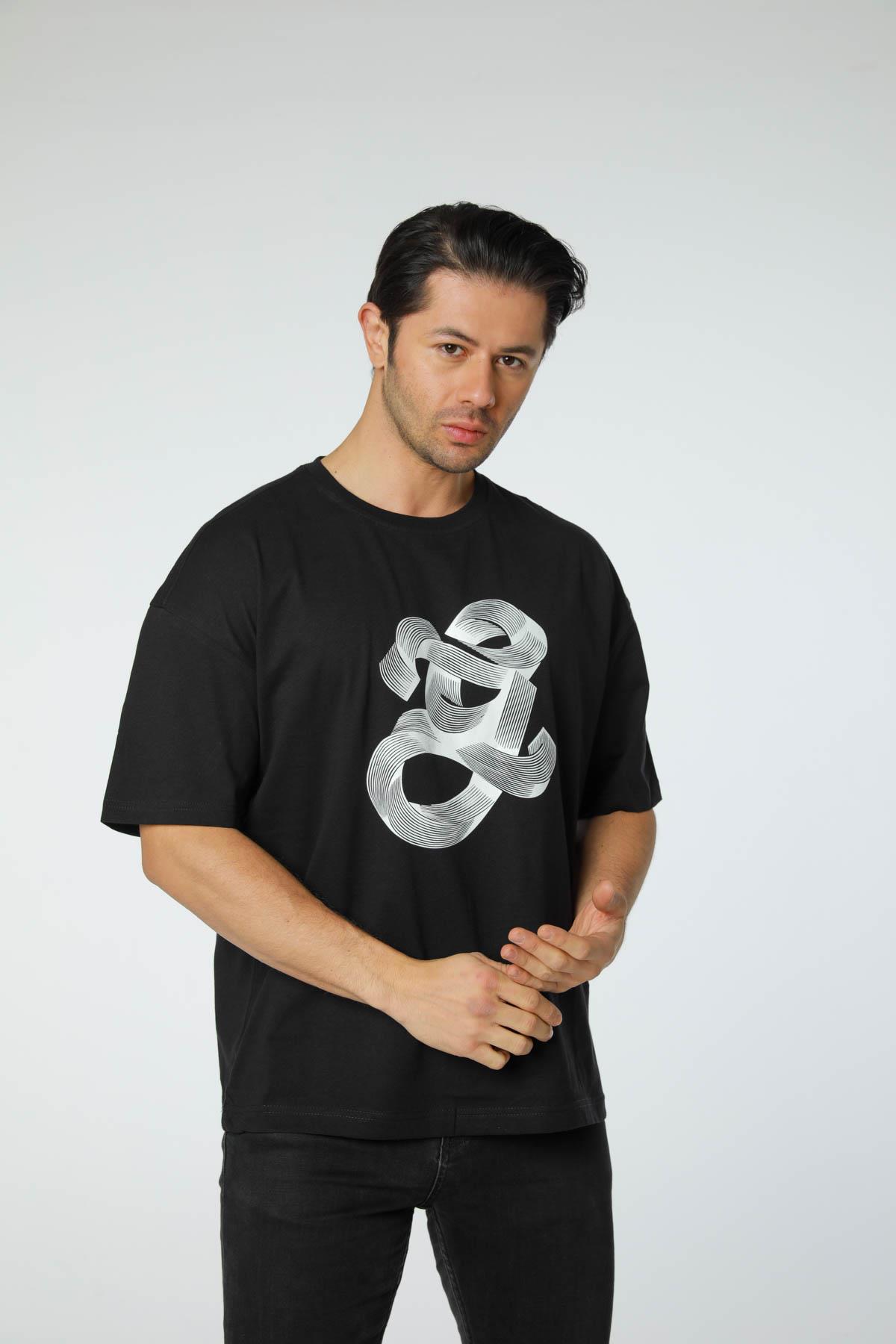 Baskılı Oversize Bisiklet Yaka T-Shirt