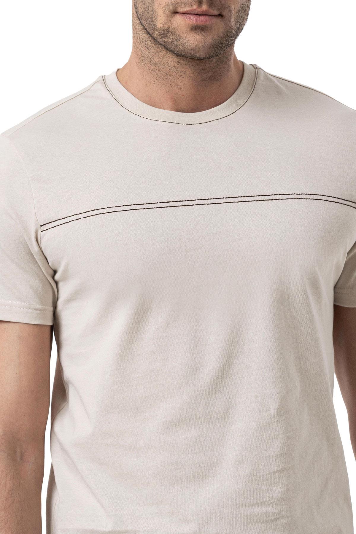 %100 Pamuk Nakışlı Bisiklet Yaka T-Shirt