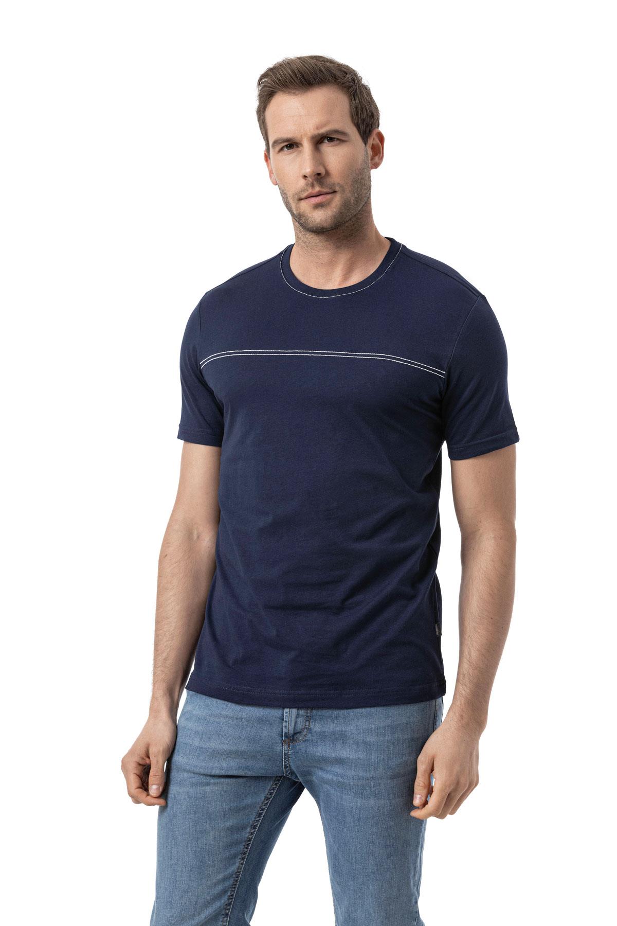 %100 Pamuk Nakışlı Bisiklet Yaka T-Shirt