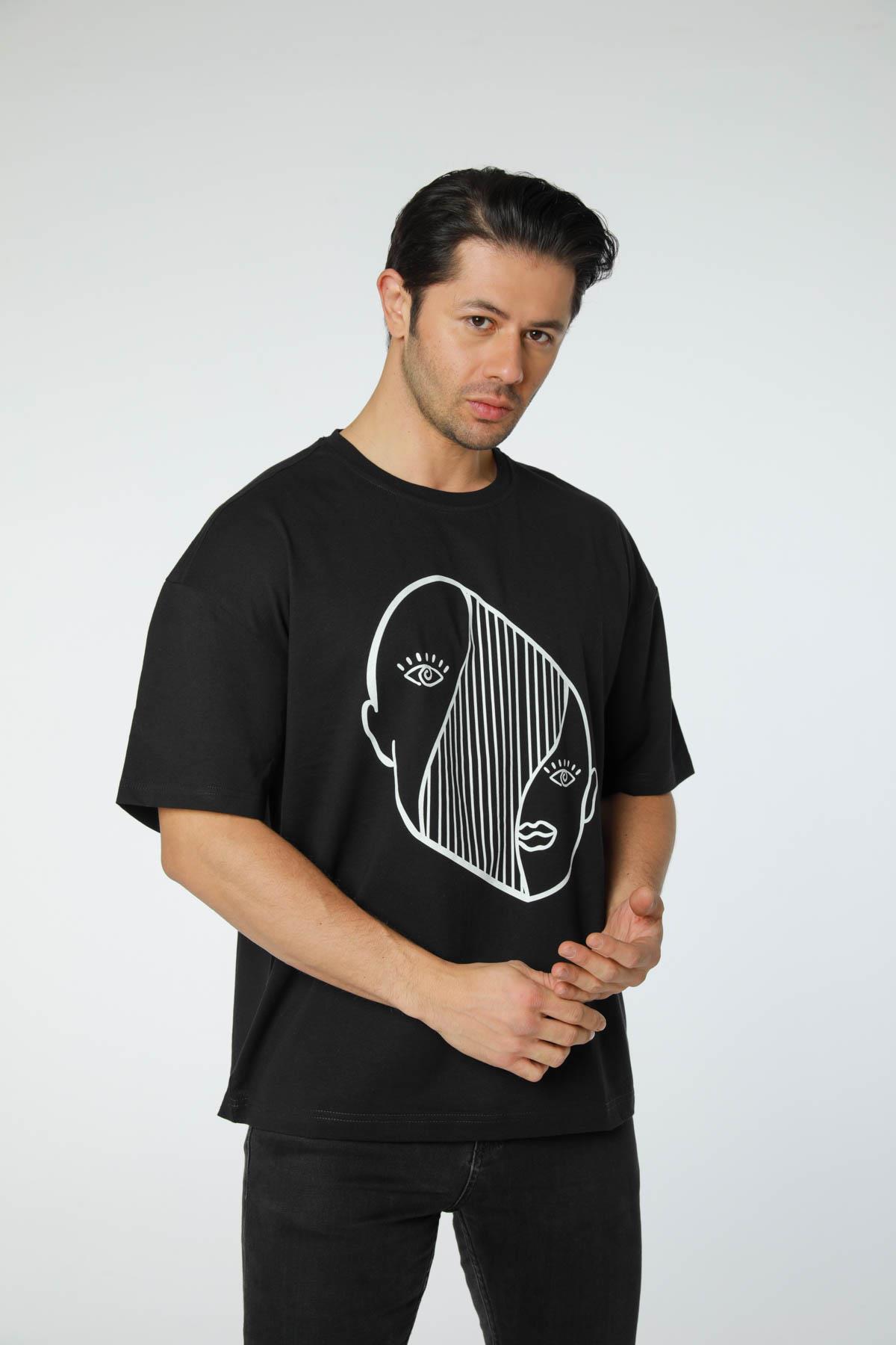 Baskılı Oversize Bisiklet Yaka T-Shirt