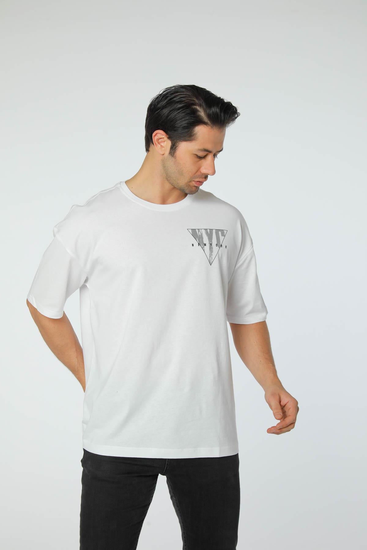 Baskılı Oversize Bisiklet Yaka T-Shirt