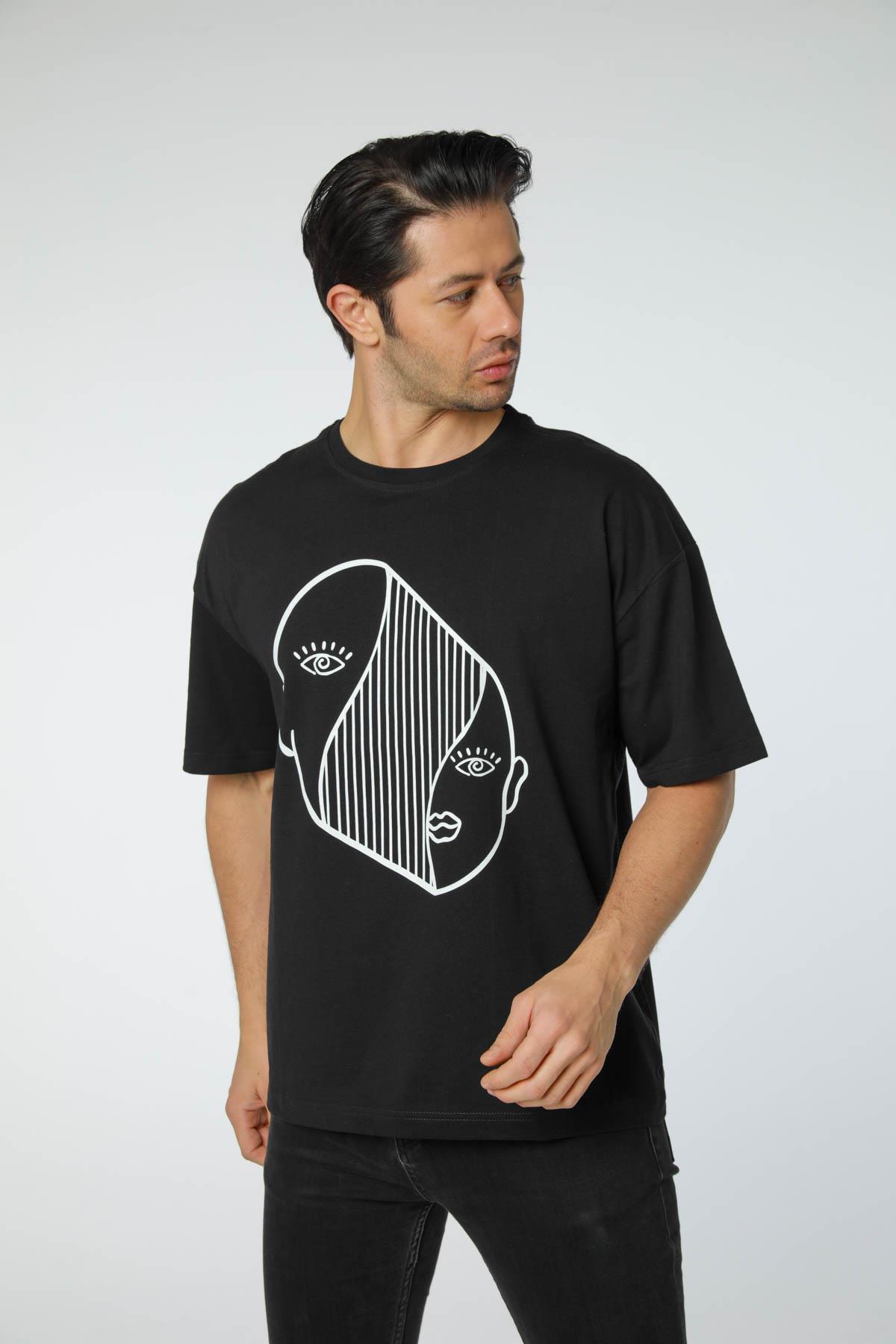 Baskılı Oversize Bisiklet Yaka T-Shirt