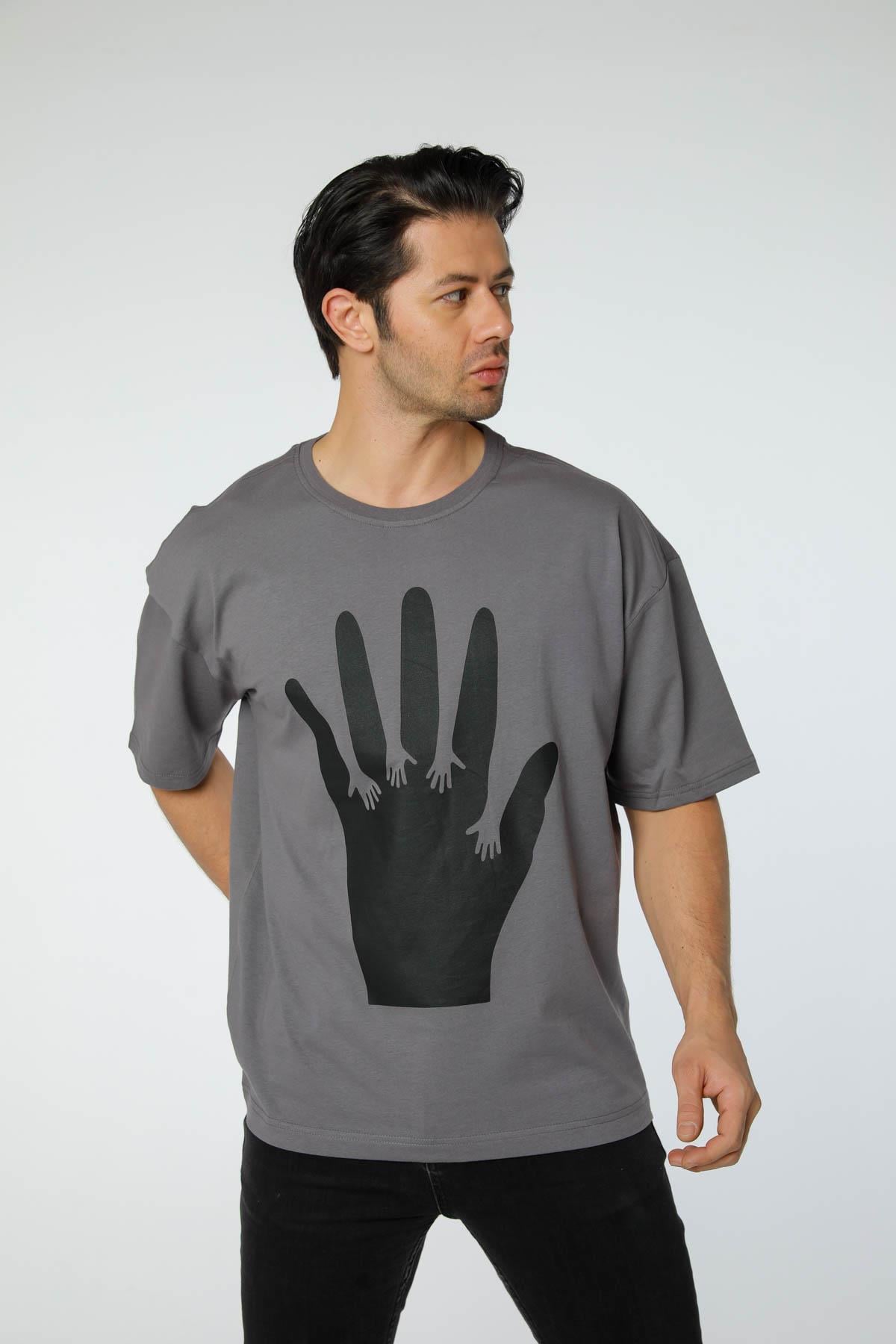 Baskılı Oversize Bisiklet Yaka - T-Shirt
