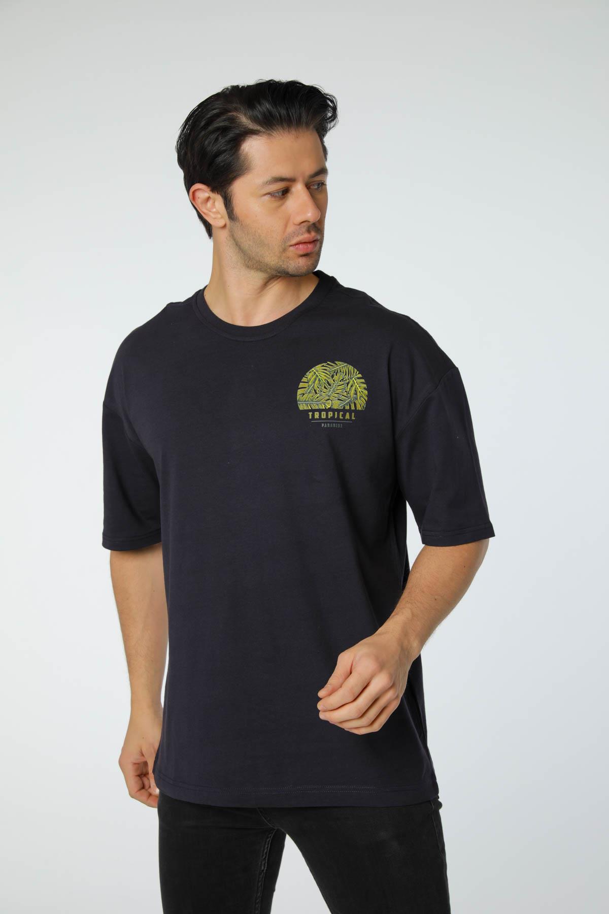 Baskılı Oversize Bisiklet Yaka T-Shirt