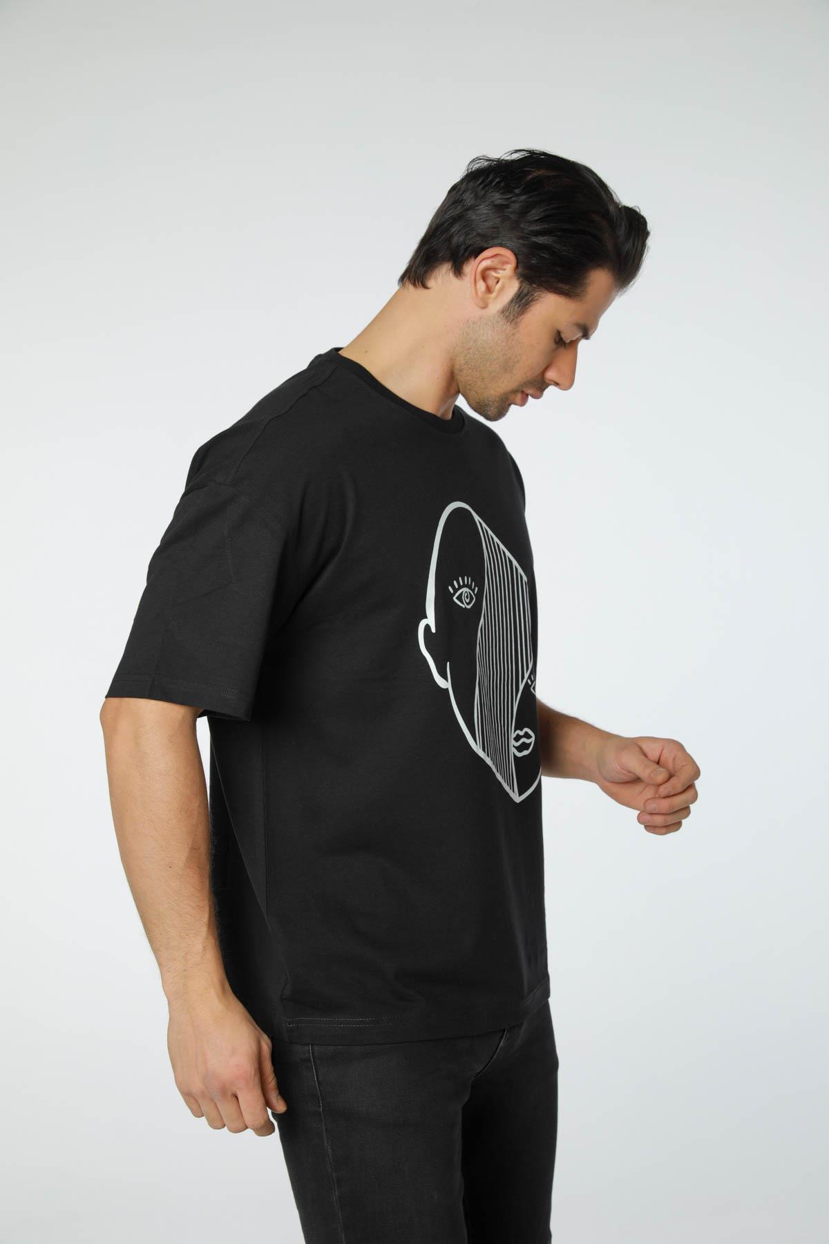 Baskılı Oversize Bisiklet Yaka T-Shirt