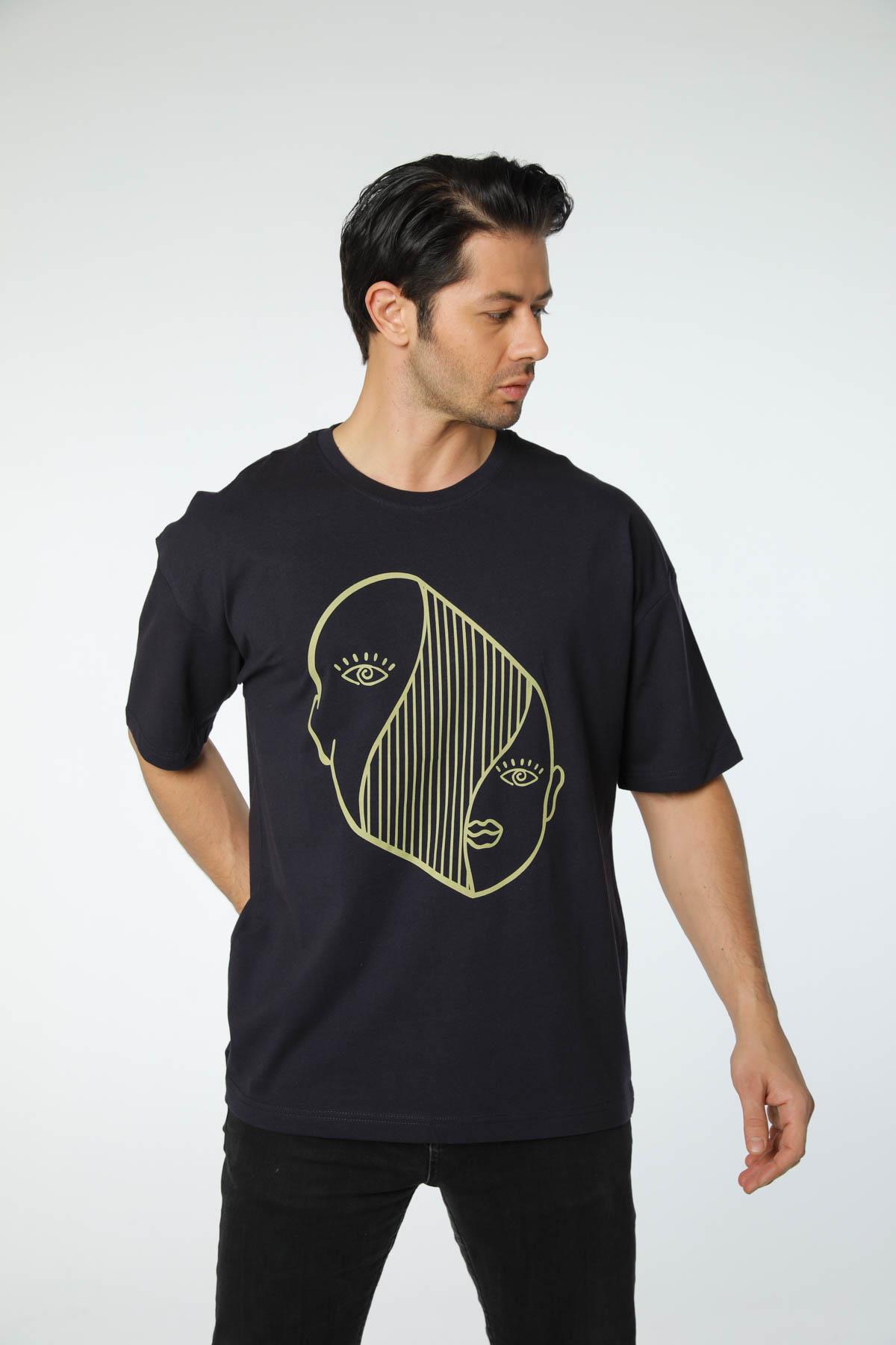 Baskılı Oversize Bisiklet Yaka T-Shirt