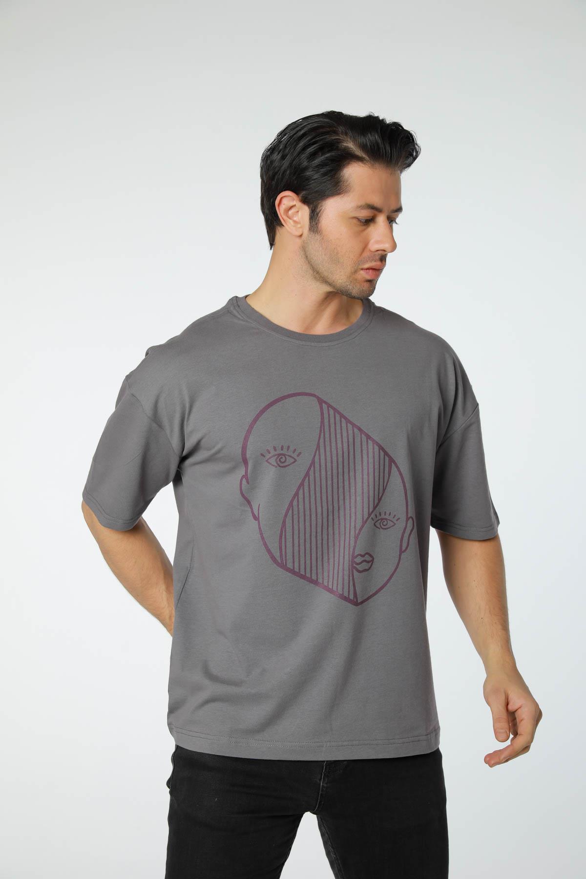 Baskılı Oversize Bisiklet Yaka T-Shirt