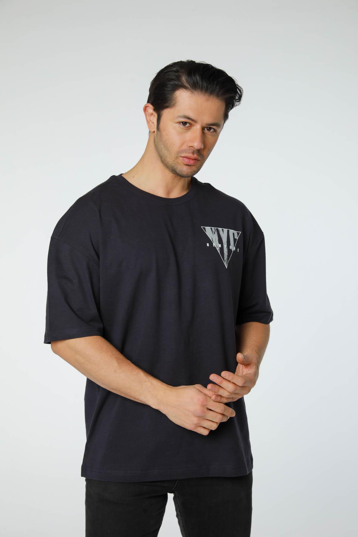 Baskılı Oversize Bisiklet Yaka T-Shirt