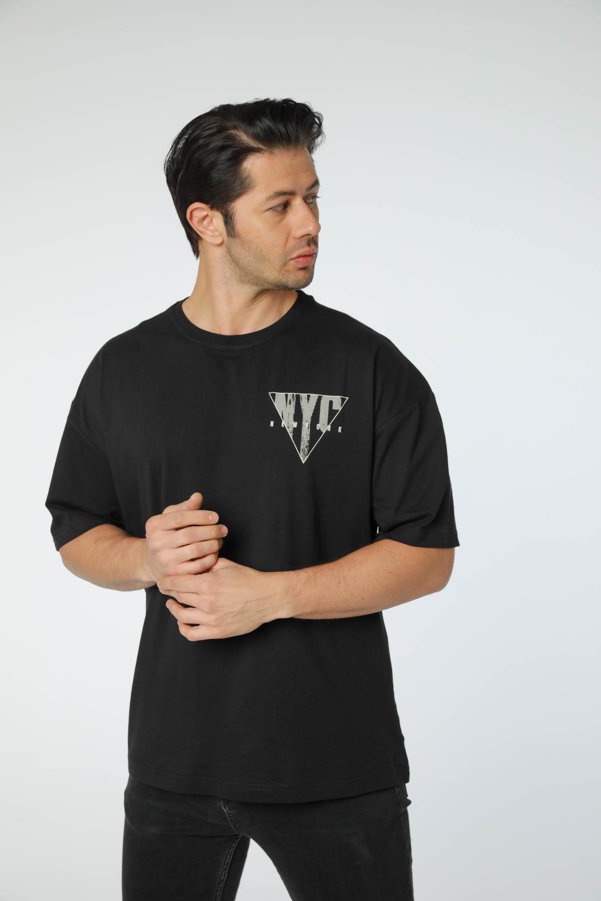 Baskılı Oversize Bisiklet Yaka T-Shirt