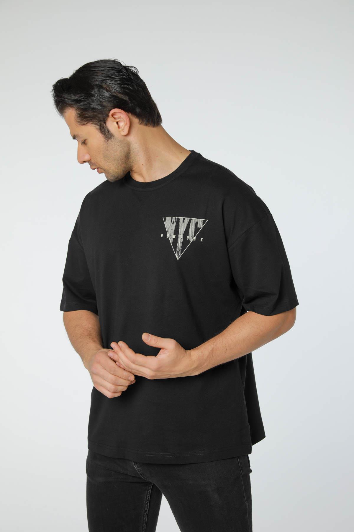 Baskılı Oversize Bisiklet Yaka T-Shirt