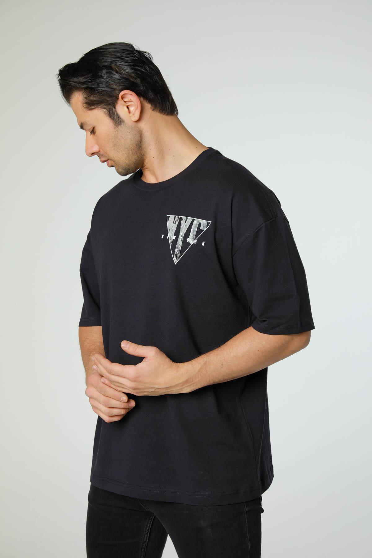 Baskılı Oversize Bisiklet Yaka T-Shirt