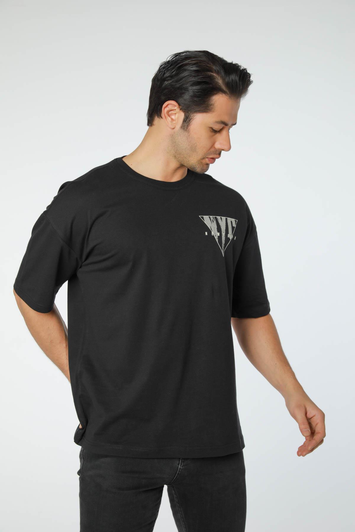 Baskılı Oversize Bisiklet Yaka T-Shirt