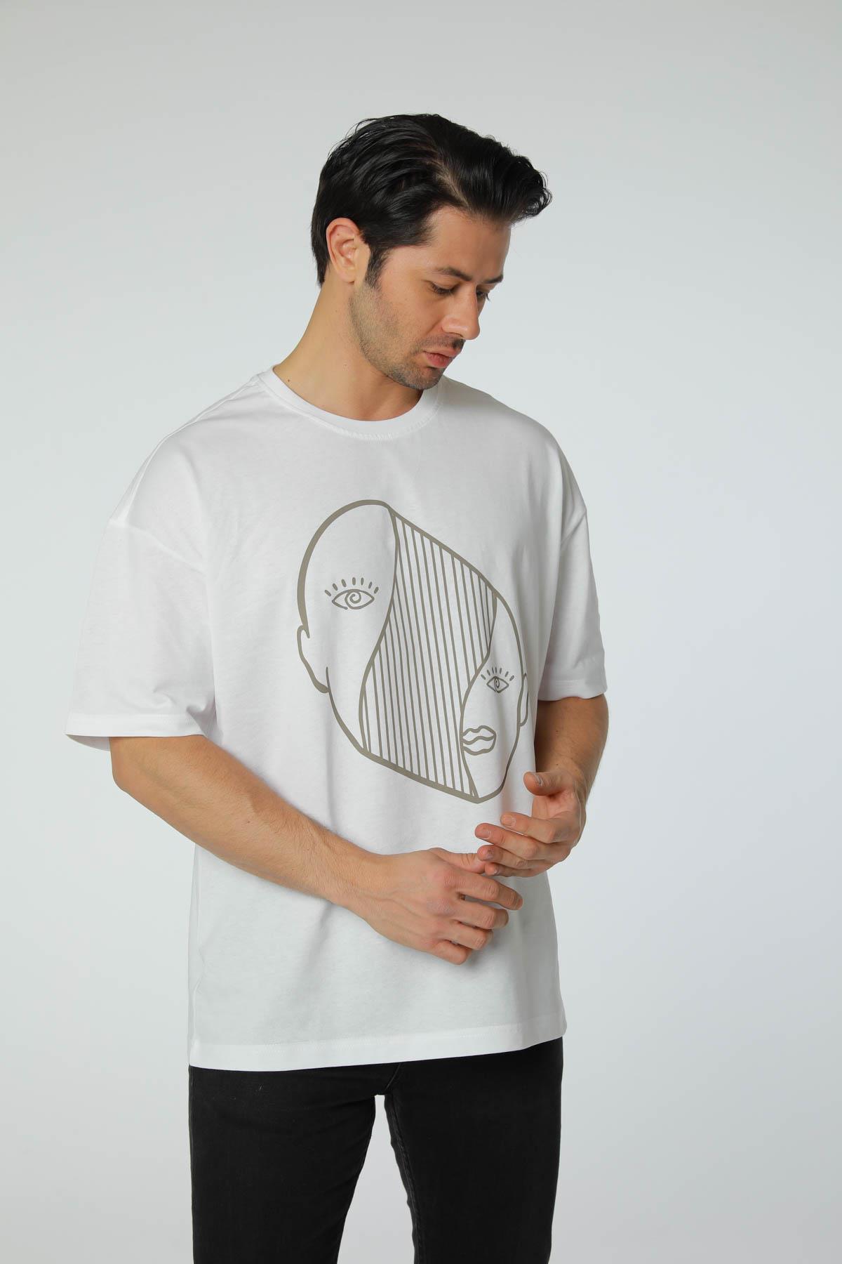 Baskılı Oversize Bisiklet Yaka T-Shirt