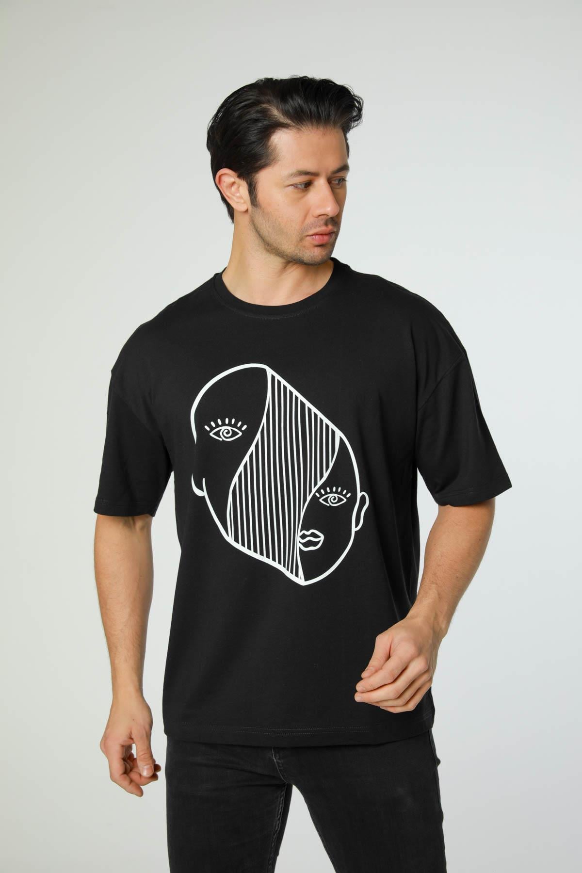 Baskılı Oversize Bisiklet Yaka T-Shirt