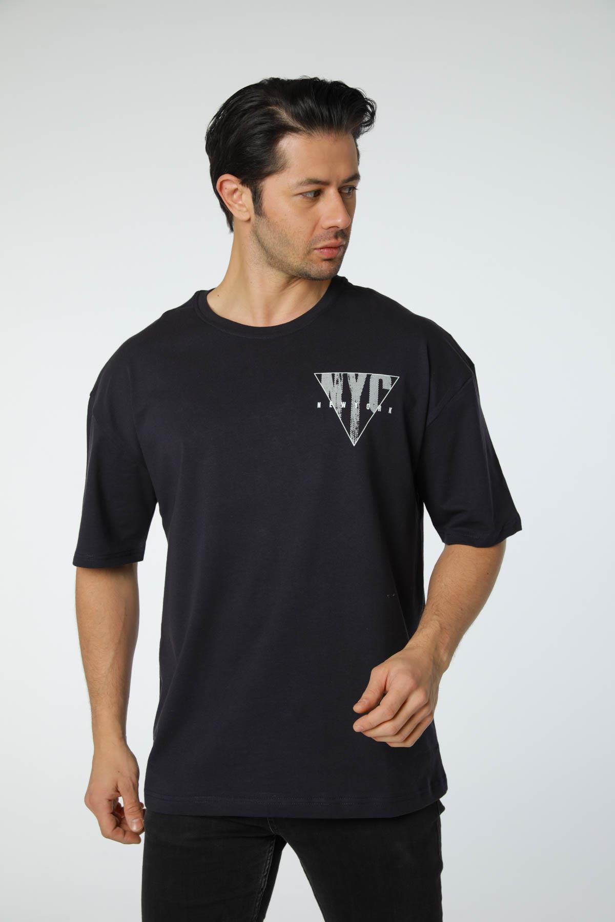 Baskılı Oversize Bisiklet Yaka T-Shirt