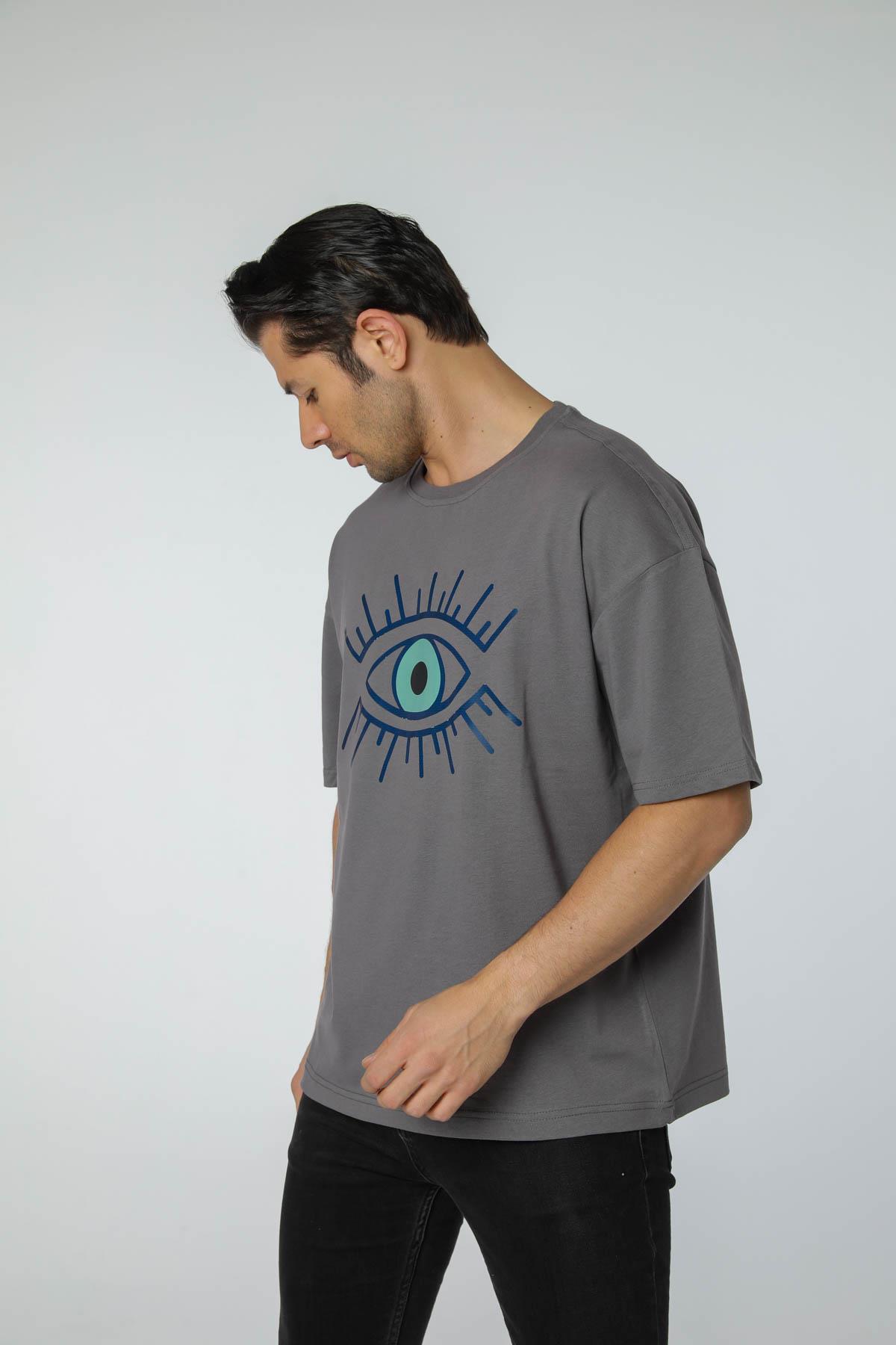 Baskılı Oversize Bisiklet Yaka T-Shirt