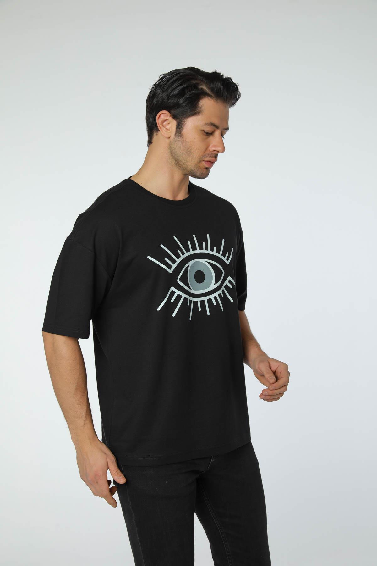 Baskılı Oversize Bisiklet Yaka T-Shirt