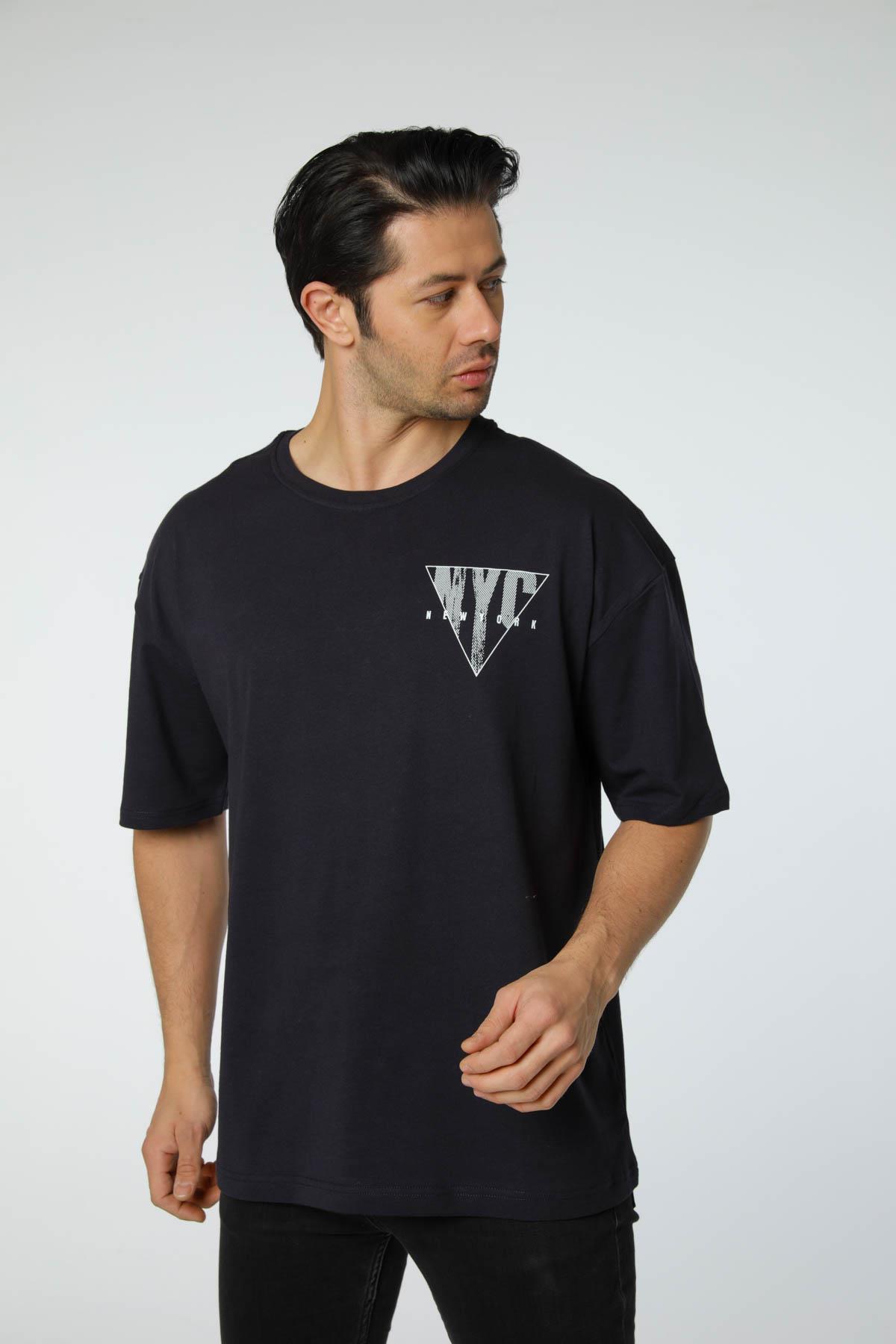 Baskılı Oversize Bisiklet Yaka T-Shirt