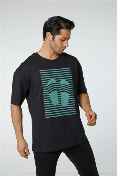 Baskılı Oversize Bisiklet Yaka T-Shirt