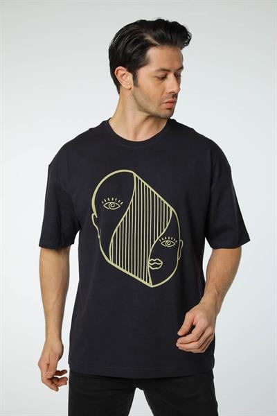 Baskılı Oversize Bisiklet Yaka T-Shirt