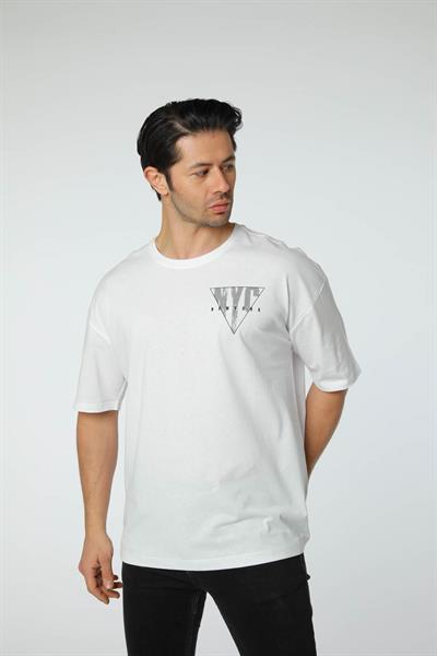 Baskılı Oversize Bisiklet Yaka T-Shirt