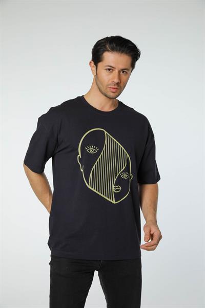 Baskılı Oversize Bisiklet Yaka T-Shirt