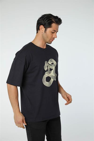 Baskılı Oversize Bisiklet Yaka T-Shirt
