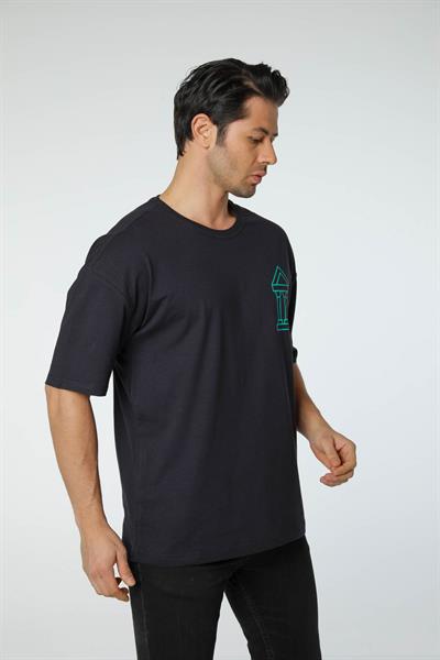 Baskılı Oversize Bisiklet Yaka T-Shirt
