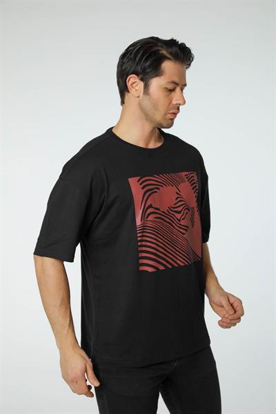 Baskılı Oversize Bisiklet Yaka T-Shirt