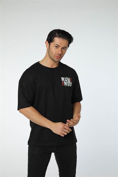 Baskılı Oversize Bisiklet Yaka T-Shirt